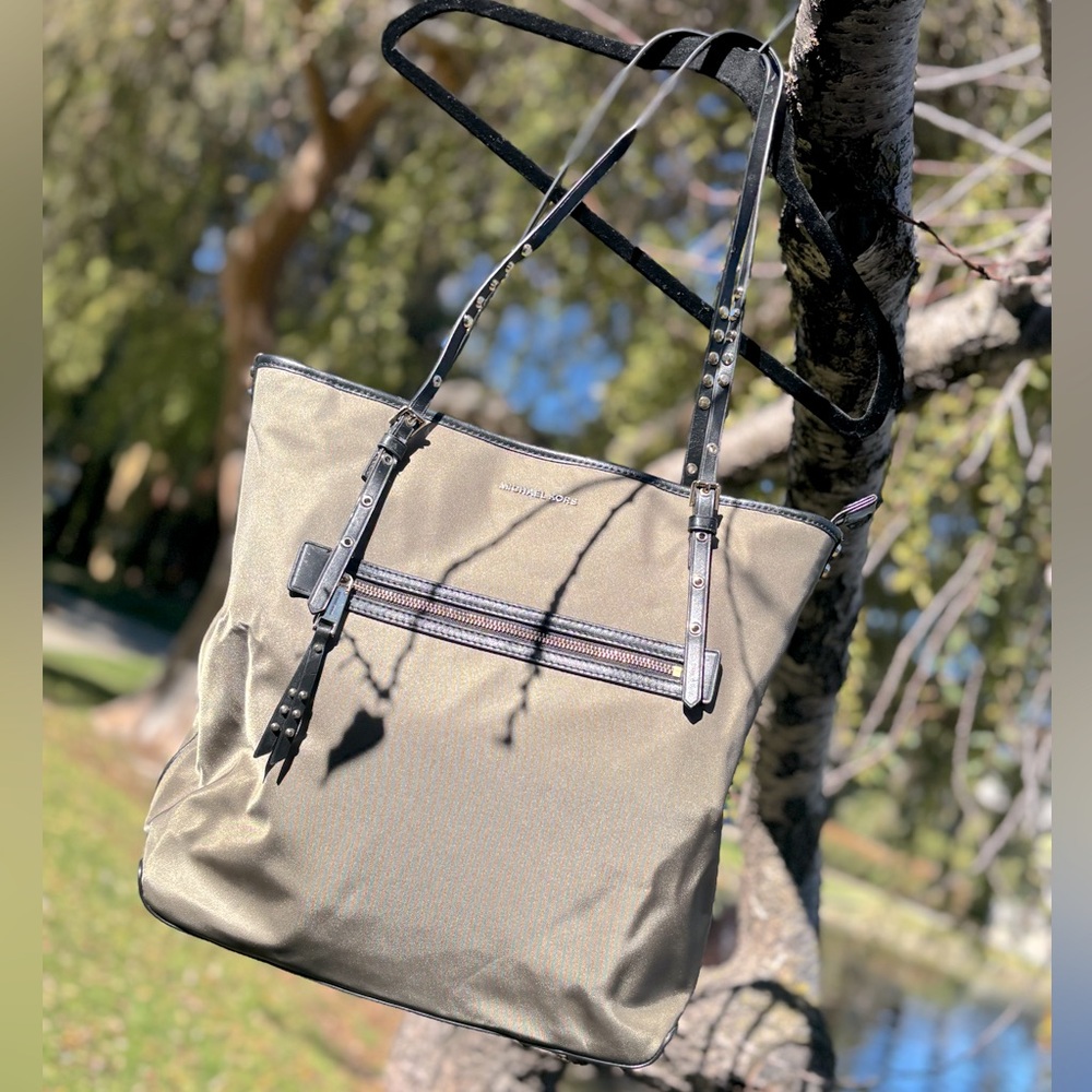 SOLD MICHAEL Michael Kors Large Leila Nylon Olive Green Tote